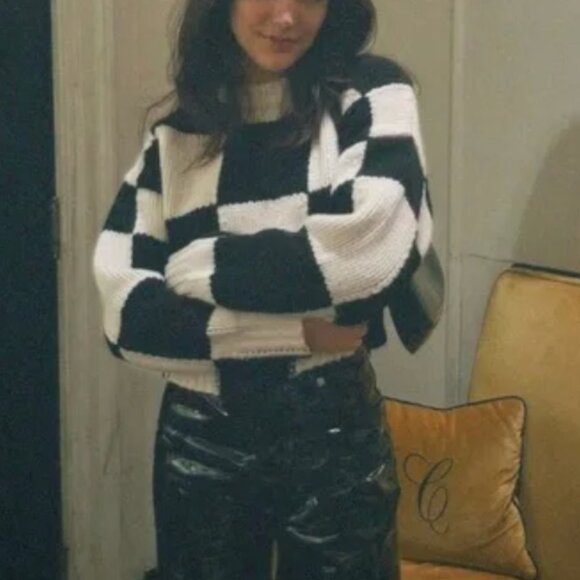 FRAME Cropped Checkered Crewneck Wool Sweater Size Large $600 - Picture 3 of 12